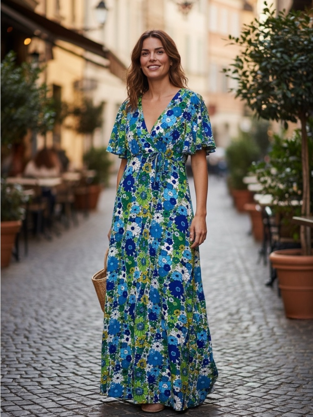 Vintage Liberty House Hawaii Floral Maxi Dress Blue Green Flutter Sleeve 10